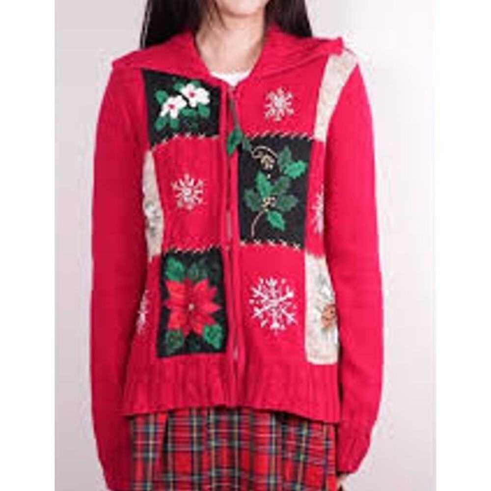 Vintage Heirloom Collectibles Full Zip Poinsettias Sweater Christmas Petite Lrge